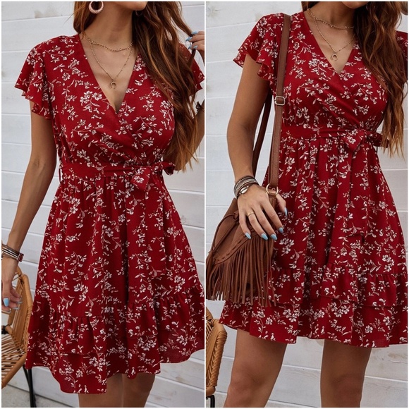 Boho Navy Blue Floral Lace Butterfly Sleeve Belted Mini Dress - Picture 6 of 13